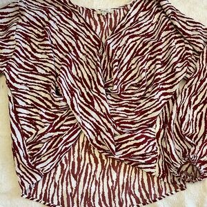 Zebra Print V-Neck Blouse - Red and White